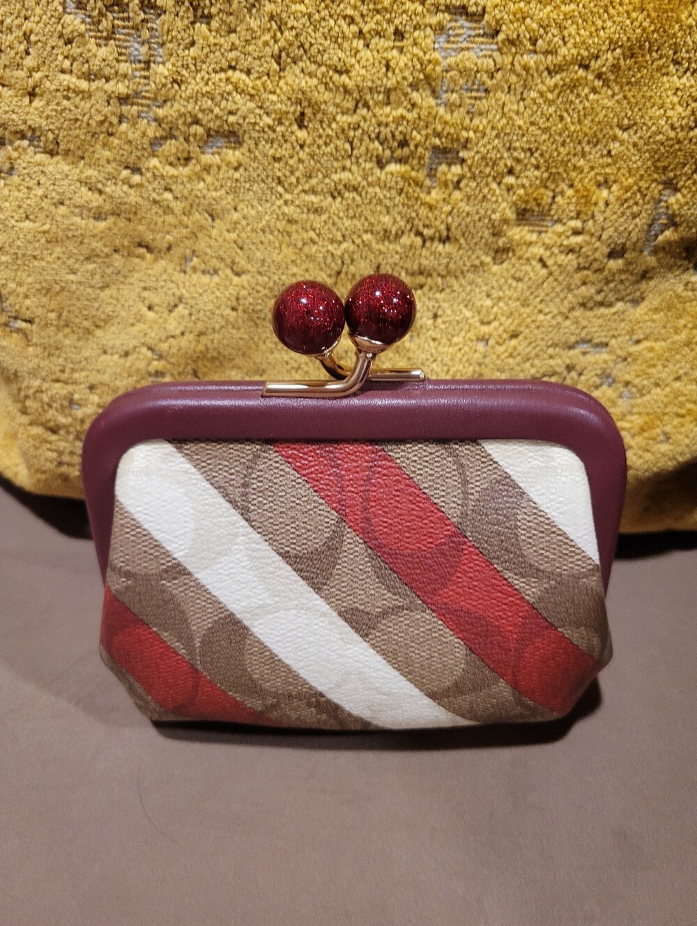 Coach Diagonal Stripe Crossbody and Coin Purse Set in Red/Brown - Picture 6 of 8